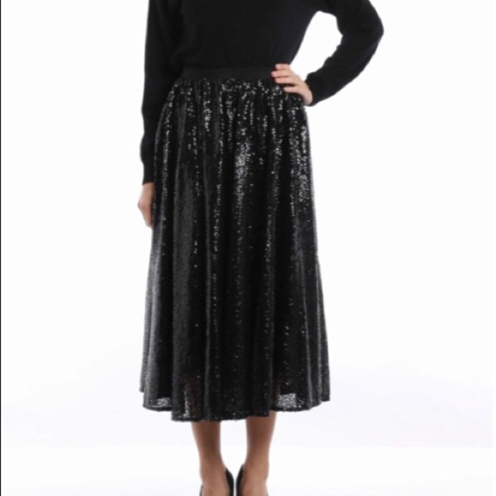 Black Sequins midi Skirt full twirl Party New Year